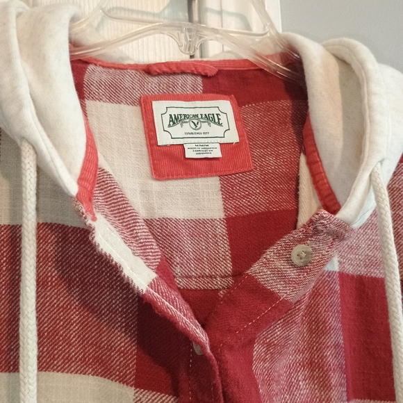 American Eagle‎ Red Plaid Hooded Flannel Shacket  Women’s Medium Cotton - Picture 4 of 10